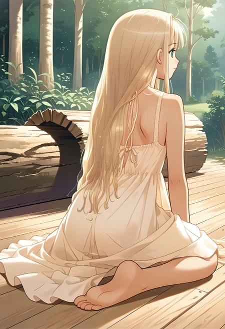 hortensia,score_9,score_8_up,score_7_up,source_anime,best quality,masterpiece,illustration,8k,smooth_lines,1girl,solo,(very_long_hair:1.3),long_sundress,barefoot,log_home,wood_floor,kneeling,((back)),defined_sole
