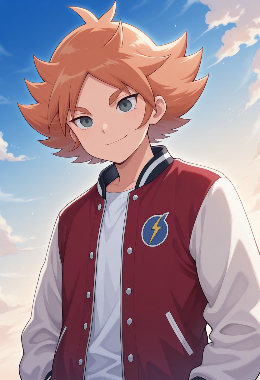 masterpiece,best quality,amazing quality, source_anime, 
FubukiAtsuya, 1boy, male focus, solo, grey eyes, orange hair, letterman jacket, red jacket, white shirt, open jacket, smile,
outdoor, sky, day, clouds,