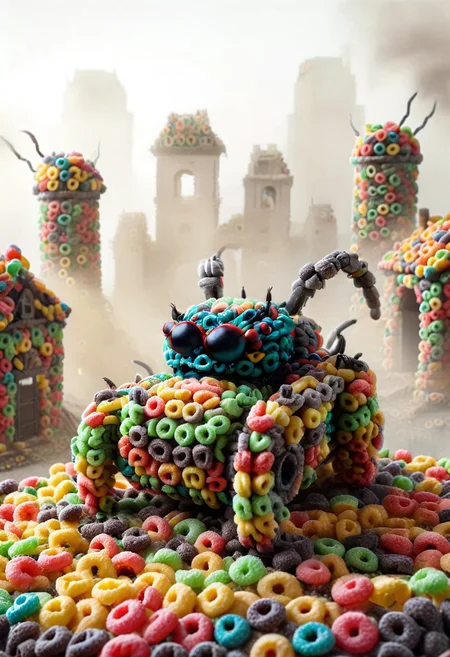 a detailed scene of a jumping spider inspired predtank made of fruit loops, against a background of a smoky battleground, ruined buildings, smoke, bokeh background, dynamic composition
