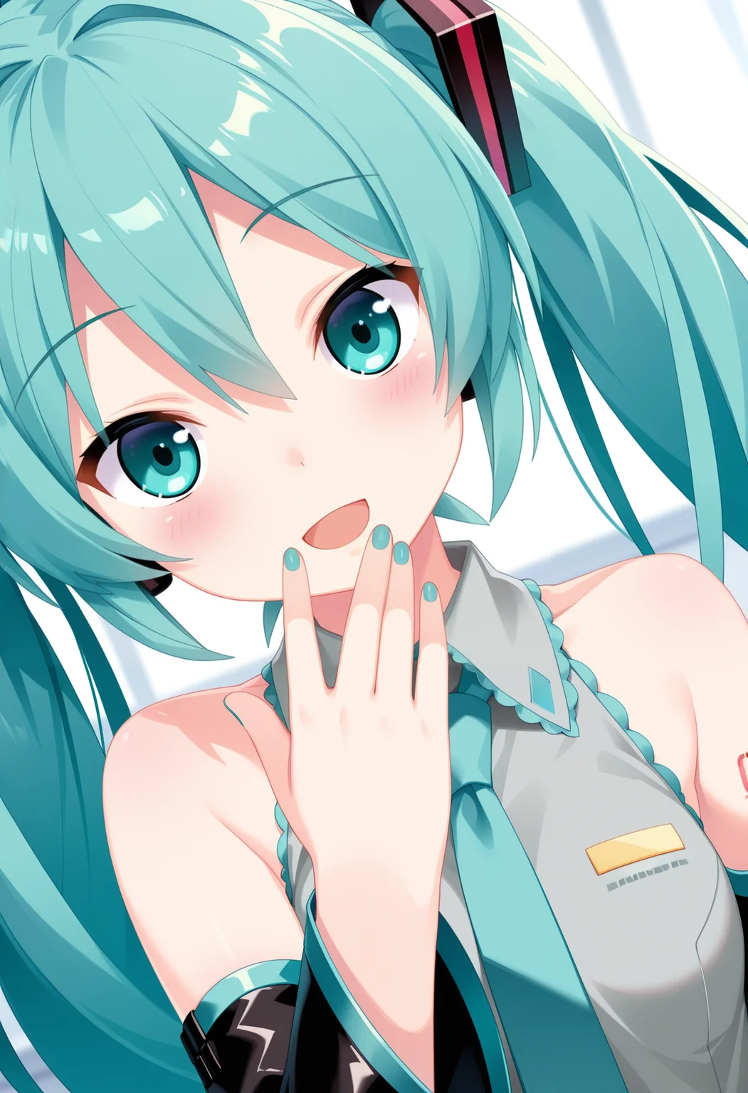 (best quality , masterpiece, good quality), sfw, general, 1girl, solo, hatsune miku, dutch angle, blush, smile, open mouth, looking at viewer, \||/, hand up, <lora:kannagireistyle_ilxl:1>, kannagireistyle,