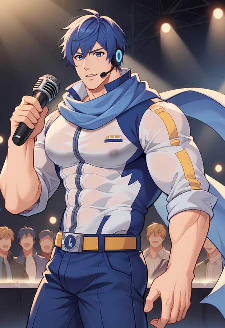 <lora:V2 CartoonyMen:1>, <lora:vocaloid-kaito-ponyxl-lora-nochekaiser:1>, score_9, score_8_up, score_7_up, 1boy, solo, male focus, masculine, (Cartoony), thick outlines, holding microphone, kaito, kaito (vocaloid), blue eyes, blue hair, muscular male, bodybuilder, large pectorals, belt, blue pants, blue scarf, blue shirt, coat, headset, microphone, pants, scarf, see-through clothes, zipper, plump pecs, male breasts, perfect proportions, perfect anatomy, manly, handsome, macho, hunk, masculine, anime, BREAK
detailed background, concert, lights, dramatic lighting, crowd, stage