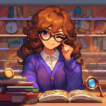 score_9, score_8_up, score_7_up, score_6_up, source_anime, a woman holding a magnifying glass in a library, (pixel art), (pixel_art), 1girl, cardigan, glasses, brown hair, curly hair, library, books, indoors, looking at viewer, one eye closed, smirk