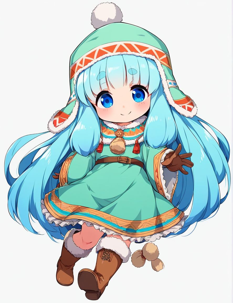 score_9, score_8_up, score_7_up, source_anime, rating_explicit, BREAK  <lora:Runemaster_XL:1>
runemaster, long hair, blue eyes,  bangs, very long hair, aqua hair, thick eyebrows, blue hair, short stack,
1girl, solo, smile, gloves, hat, full body, white background, dress, boots, pom pom (clothes), looking at viewer, simple background, brown footwear, brown gloves, long sleeves, wide sleeves, green dress
forest,