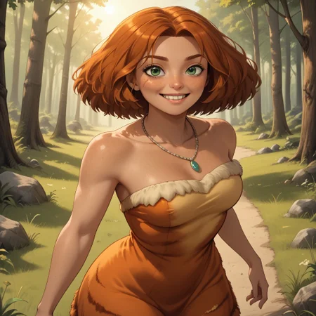 score_9, score_8, BREAK, solo, dark orange hair, green eyes, freckles, off shoulder dress, primitive dress, fur trim dress, necklace, breasts, barefoot, dark skin, dark skin female, Eep_Crood_(The_Croods), sexy pose, self portrait, smile, outdoors, sunlight, shadows, evening lighting, natural lighting, forest, trees, grass, orange sky, sunset