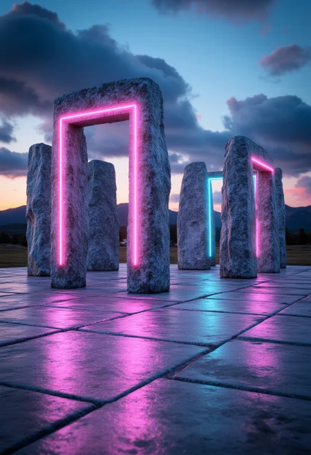 A surreal vaporwave version of Stonehenge, where each massive stone is glowing with soft purple, turquoise, and pink lights. The stones are surrounded by a luminescent grid field that pulses beneath an endless neon gradient sky, with distant 80s-style wireframe mountains in the background.