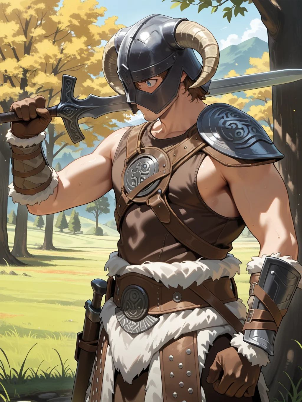 dovahkiin armor,sword,solo,1boy,male focus,horned helmet,brown gauntlets,day,tree,holding sword,
masterpiece,best quality,amazing quality,very aesthetic,absurdres,newest,<lora:Dovahkiin illuXL v1:0.78>,