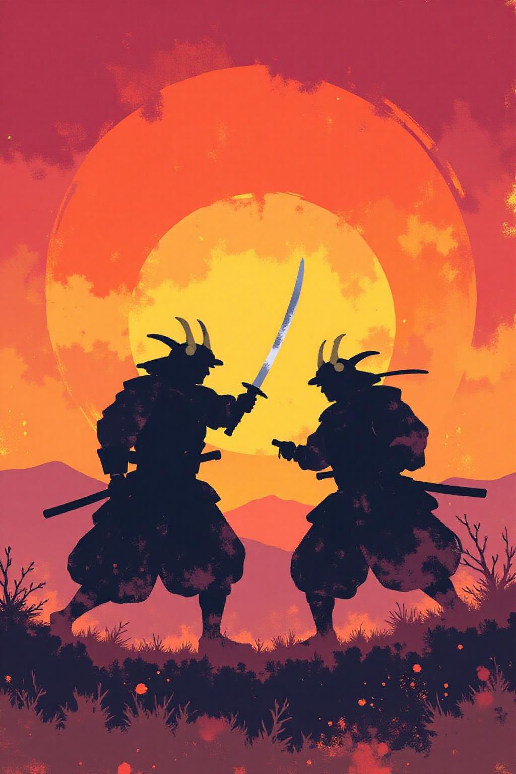 i11ustmin Illustration of two samurais dueling at sundown  <lora:minimalist_flat_nocap_nbm:1.0> <lora:Flux-Sch-SingleBlocks-BF16:1.0><lora:797950699917808463:0>