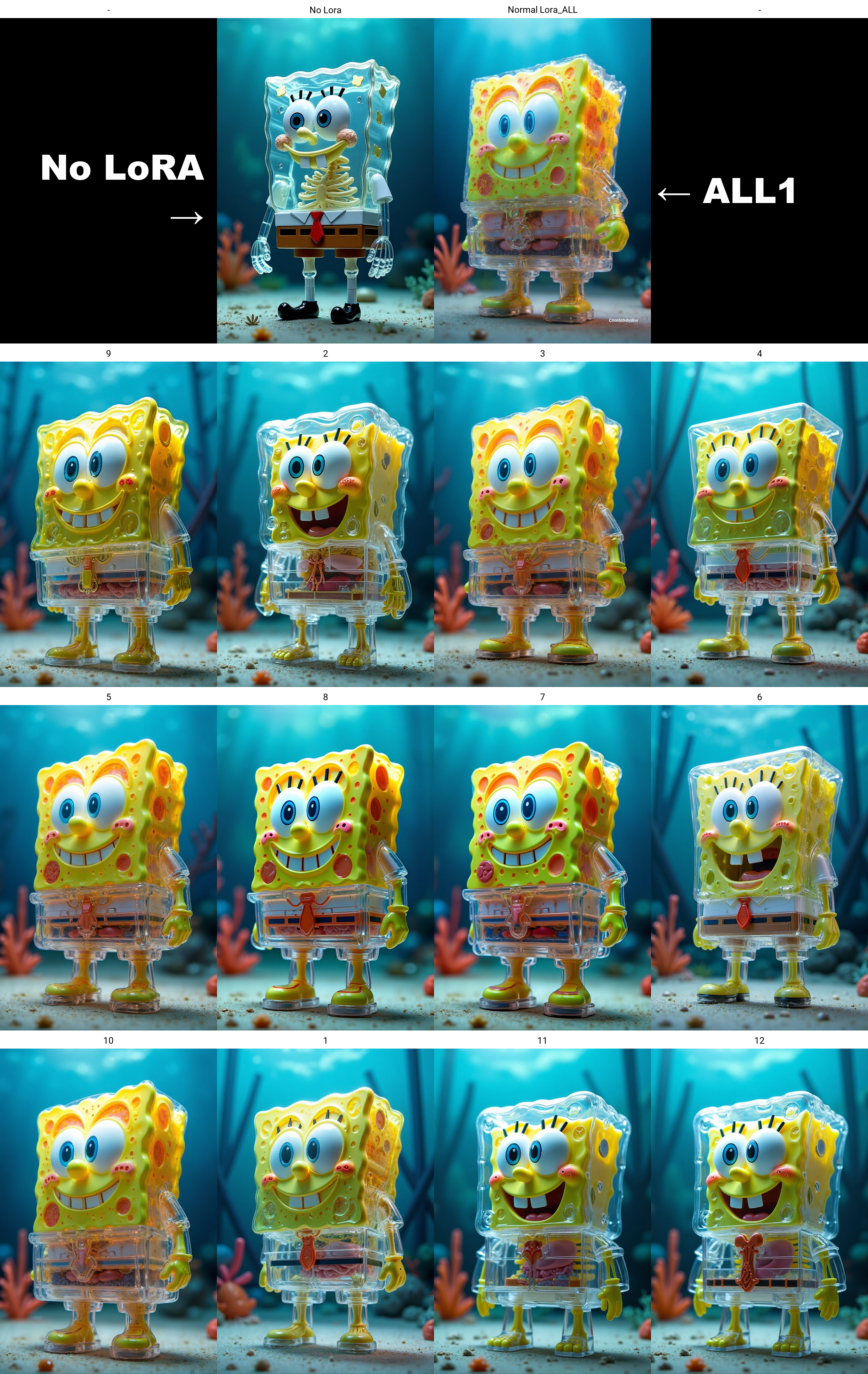 a photo of a transparent body toy of spongebob, his skeleton is visible, bones and internal organs are visible. He is at the bottom of the sea.
