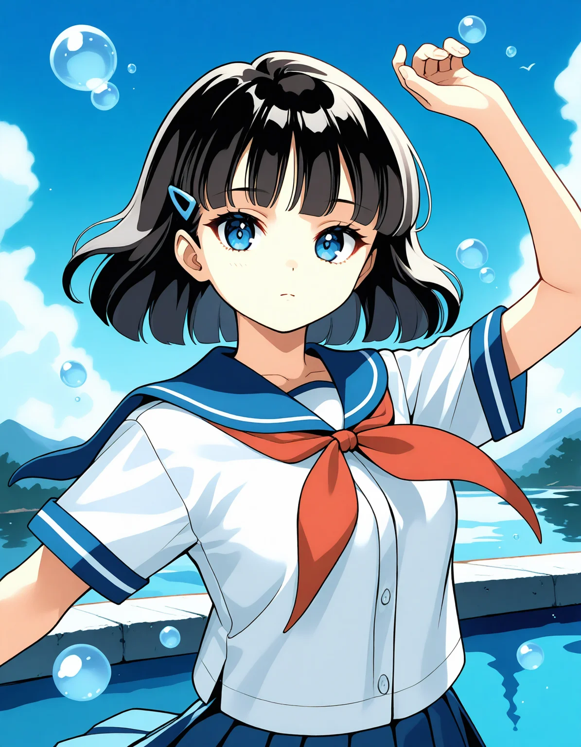 masterpiece,best quality,1girl,solo,absurdres, 1girl, solo, blue eyes, skirt, school uniform, blue skirt, sky, sailor collar, neckerchief, cloud, short sleeves, serafuku, blue sailor collar, shirt, blue sky, white shirt, pleated skirt, looking at viewer, short hair, closed mouth, bangs, black hair, water, outdoors, arm up, red neckerchief, bubble, day upper body <lora:cute_markers:1>
