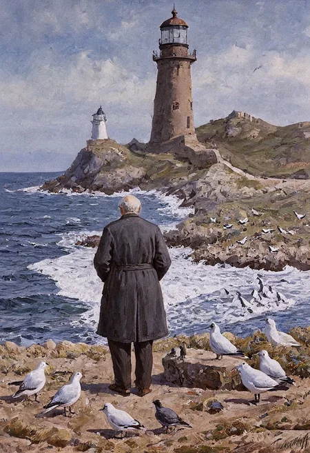 old man near the lighthouse, sentimental, by charles tunicliffe, painting, nature, birds