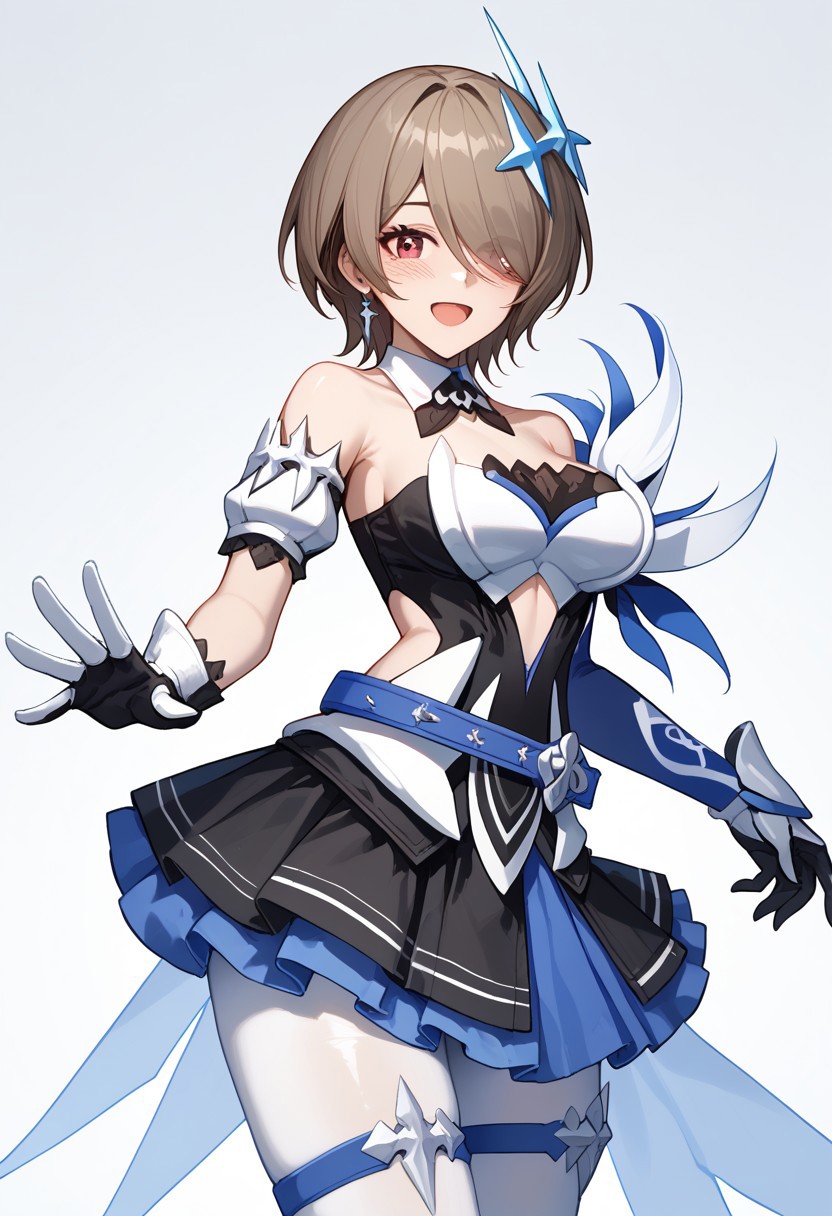 score_9, score_8_up, score_7_up, 1girl, solo, RitaRossweisse, brown hair, short hair, hair over one eye, red eye, medium breasts, hair ornament, belt, blue belt, breastplate, white breastplate, center opening, clothing cutout, side cutout, strapless, strapless shirt, detached collar, black and blue shirt, layered skirt, black and blue skirt, miniskirt, asymetrical gloves, white and blue gloves, thigh band, arm bands, white pantyhose, smiling, open mouth, blushing