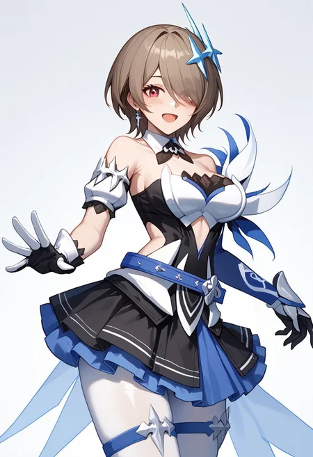 score_9, score_8_up, score_7_up, 1girl, solo, RitaRossweisse, brown hair, short hair, hair over one eye, red eye, medium breasts, hair ornament, belt, blue belt, breastplate, white breastplate, center opening, clothing cutout, side cutout, strapless, strapless shirt, detached collar, black and blue shirt, layered skirt, black and blue skirt, miniskirt, asymetrical gloves, white and blue gloves, thigh band, arm bands, white pantyhose, smiling, open mouth, blushing