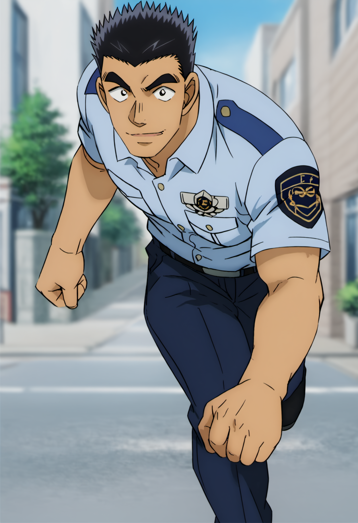 1boy, watarudate_conan, black eyes, black hair, spiked hair, police uniform, score_8_up, score_7_up, score_6_up, score_9, manly, muscle, young, a muscular man in a street, centered, looking at viewer, face_focus, (detailed eyes), 8k uhd, high quality, anime color, cinematic angle, running on street, on side,smile, leg up