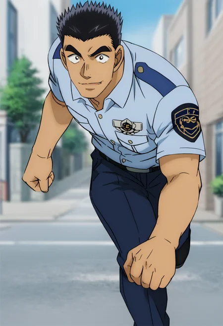 1boy, watarudate_conan, black eyes, black hair, spiked hair, police uniform, score_8_up, score_7_up, score_6_up, score_9, manly, muscle, young, a muscular man in a street, centered, looking at viewer, face_focus, (detailed eyes), 8k uhd, high quality, anime color, cinematic angle, running on street, on side,smile, leg up