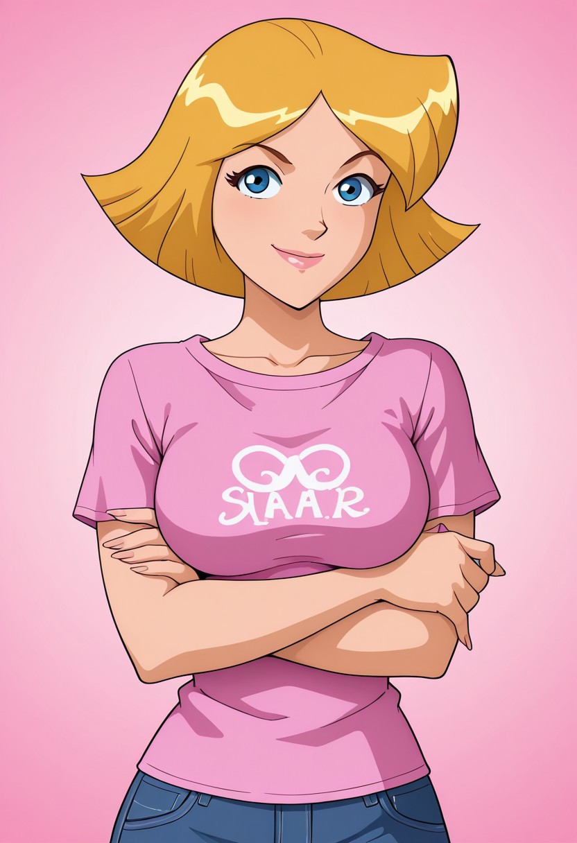 masterpiece, best quality, good quality, 1girl, solo, cartoon, parody, official style, cl0ver_totally_spies, short hair, blonde hair, blue eyes, casual, sexy, large breasts, beautiful, detailed, high detailed, very beautiful, detailed face, detailed eyes, detailed hand, fingernails, long nails, abstract background, smile, posing, pose, looking at viewer, face focus