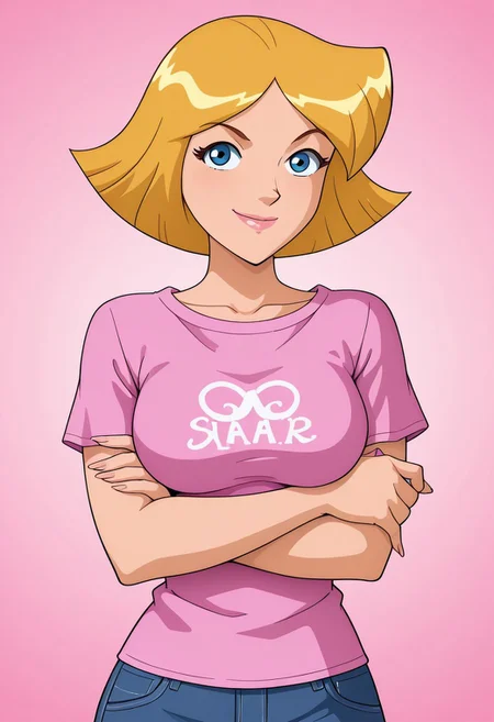 masterpiece, best quality, good quality, 1girl, solo, cartoon, parody, official style, cl0ver_totally_spies, short hair, blonde hair, blue eyes, casual, sexy, large breasts, beautiful, detailed, high detailed, very beautiful, detailed face, detailed eyes, detailed hand, fingernails, long nails, abstract background, smile, posing, pose, looking at viewer, face focus