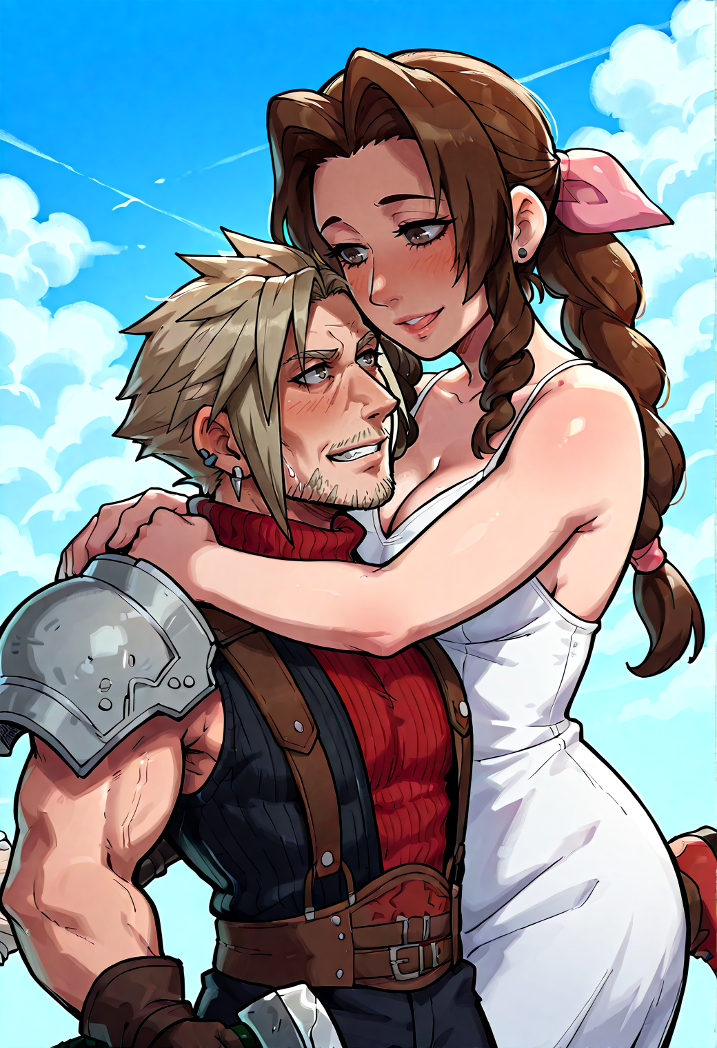 IllustriousQual, <lora:StS-Illustrious-Detail-Slider-v1.0:2> <lora:cfg_scale_boost:0.3> <lora:StS_Age_Slider_Illustrious_v1:3>,detailed_background,outdoors,sidelocks,cloudy sky,kakefu,dress,smile,brown hair,outdoors,shiro shougun,long hair,hug,final fantasy vii,jacket,short hair,aerith gainsborough,arms around neck,crisis core final fantasy vii,monochrome,bare arms,couple,turtleneck sweater,cleavage,facing another,upper body,clenched teeth,cleavage cutout,1boy,sweater,sky,earrings,shoes,hammer,highres,breasts,greyscale,blue sky,looking at another,open mouth,dual wielding,spaghetti strap,ribbon,sleeveless,white dress,from side,parted bangs,final fantasy,shoulder armor,open clothes,gloves