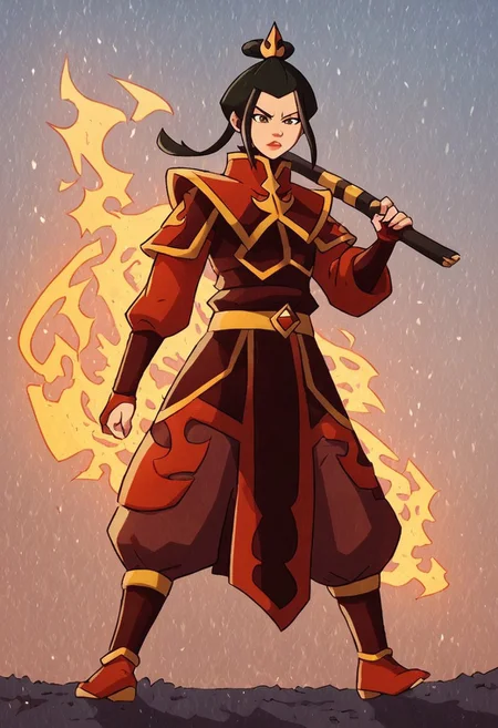 Azula, the fierce and cunning firebender, stands confidently at the center of the scene, wielding a bolt of lightning in her hand. Her eyes are sharp and intense, reflecting her unwavering determination and strategic mind. She is dressed in her traditional Fire Nation armor, which glows with shades of deep red and black, accented by golden details. Her long, dark hair flows behind her like a trail of smoke, subtly moving as if stirred by an unseen breeze. The background is a dramatic, volcanic landscape under a blood-red sky, with molten lava flowing across jagged rocks and plumes of dark smoke rising into the air. Blue flames dance around her, highlighting her unique firebending abilities and adding a contrasting, electric blue hue to the predominantly warm color palette. The atmosphere is charged with tension and raw power, as Azula embodies the dangerous and unpredictable force of fire and lightning. Her stance is both regal and intimidating, conveying a sense of control and command over the elements she wields. The image should be rendered in maximum ultra-high-definition quality, with detailed textures and ultra-realistic lighting to capture the glow of the flames, the sharpness of the lightning, and the intensity of the scene. The special effects should emphasize the crackling energy of the lightning and the heat of the flames, creating a dynamic 8K high-definition image with realistic lighting to enhance the dramatic and powerful atmosphere.