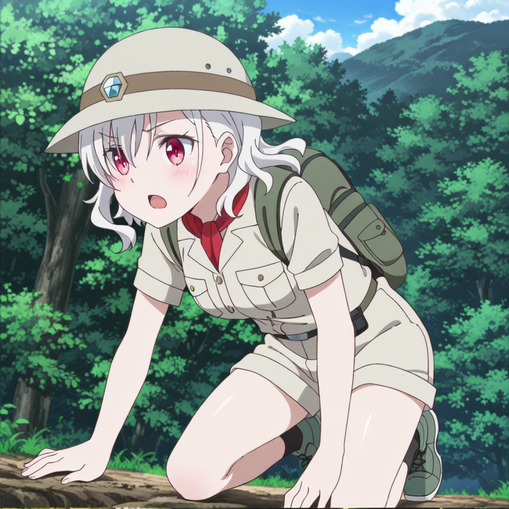 nsfw, masterpiece, best quality, 1girl, solo, warlords_of_sigrdrifa_komagome_azuzu, hat, open mouth, pith helmet, red eyes, backpack, blush, anime coloring, bag, breast pocket, white hair, short sleeves, helmet, shoes, outdoor, hiking,<lora:Komagome_Azuzu_-_Warlords_of_Sigrdrifa:0.7>
