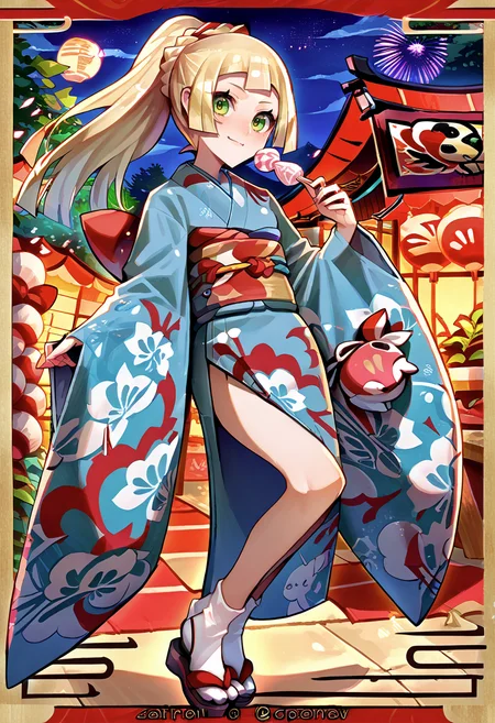 solo, holding food, cotton candy, summer festival, stall, night sky, smile, <lora:Lillie_PonyXL:1> 1lillie1, blonde hair, long hair, green eyes, 5newyear5, ponytail, print kimono, obi, sandals, socks, japanese clothes, :q,   <lora:Ban!_(bansankan)_PonyXL_style_v01:1>, score_9, score_8_up, score_7_up, source_anime,