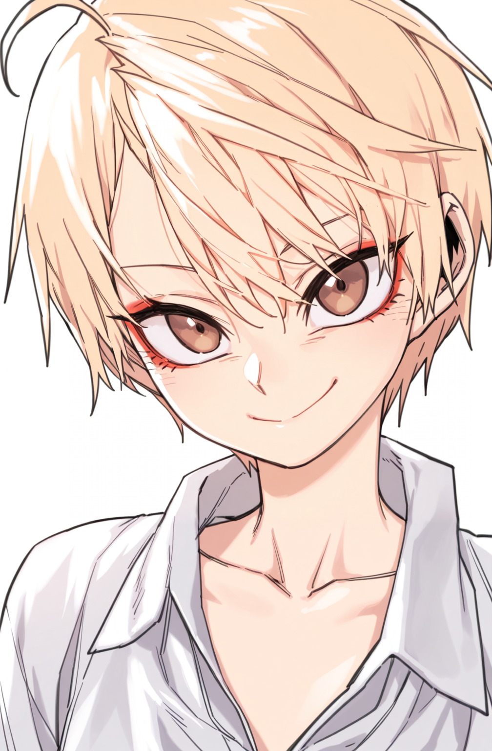 Score_9, score_8_up, score_7_up, masterpiece, best quality, newest, absurdres, highres,HongiLtak, 1boy, blonde hair, brown eyes, ahoge, short hair, eyeliner, collarbone, collared shirt, portrait, smile, looking at viewer