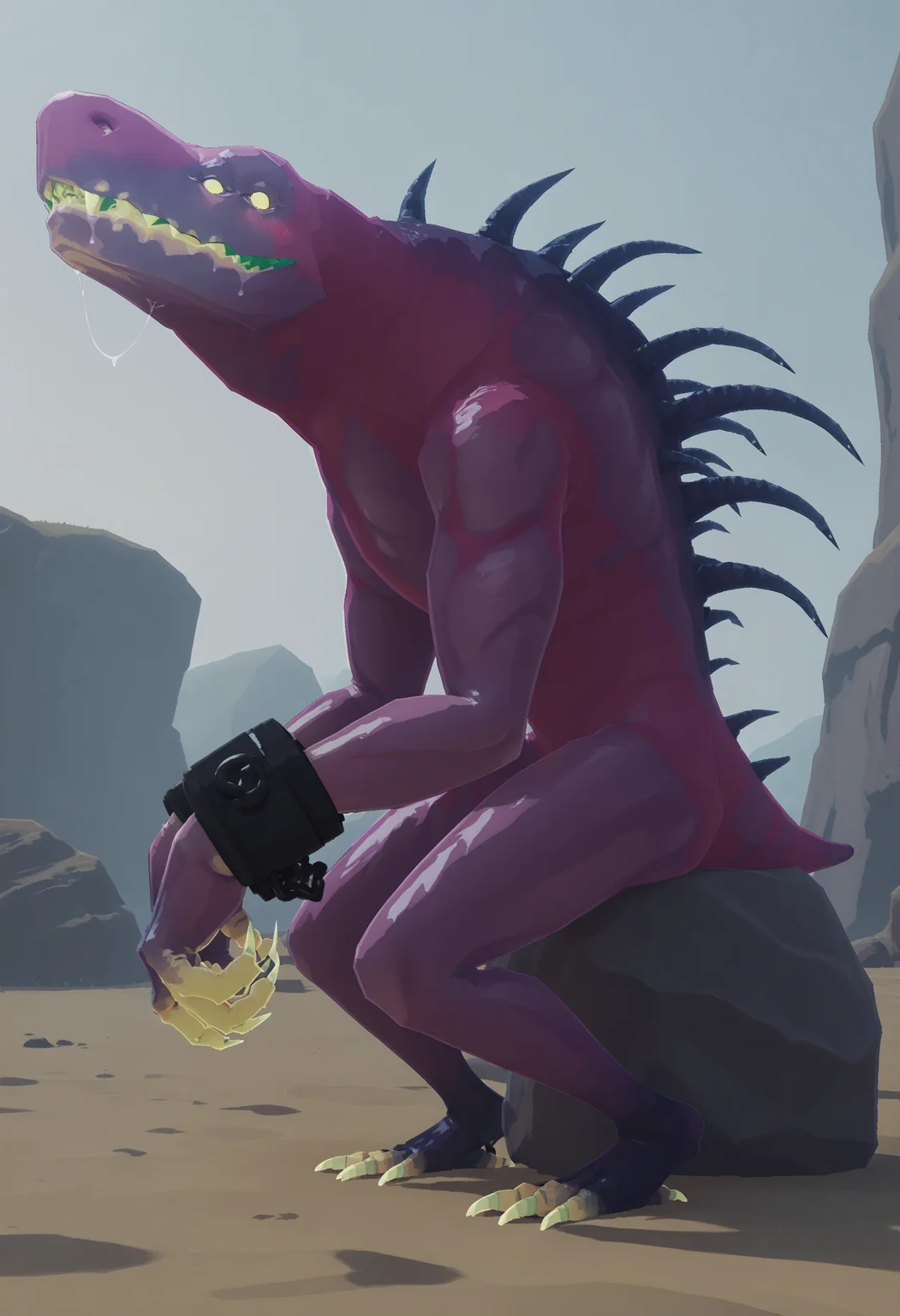 score_9, score_8_up, score_7_up, score_6_up, score_5_up, score_4_up, <lora:Acrid:0.7> solo, monster, no humans, claws, multi eyes, four eyes, yellow eyes, glowing, no pupil, teeth, spikes, cuffs, looking at viewer, blush, sitting on a rock, saliva, saliva, from side, smile,
desert background, sand, 3d, render,