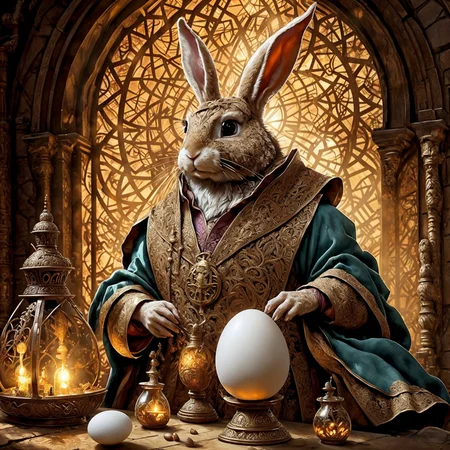 RAW photo, (masterpiece:1.3), subsurface scattering, heavy shadow, (high quality:1.4), (intricate, high detail:1.2), professional photography, HDR, High Dynamic Range, realistic, ultra realistic, photorealistic, high resolution, film photography, ambient lighting, atmospheric effects, <lora:detail_slider_v4:2>, OverallDetail, <lora:Rabbitfolk:1>, a rabbitfolk alchemist, brown fur, rabbit ears, whiskers, rabbit, wearing intricate robes, holding a large (egg) and a bruch, in an alchemist shop, <lora:Alchemist:0.7>, candle, window, bottle, flask, brush, colors,