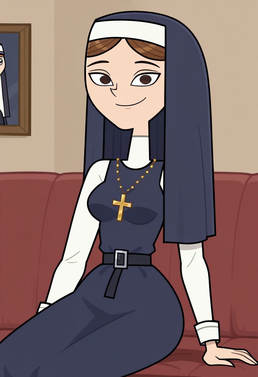 score_9,score_8_up,score_7_up, 1girl, solo, Isabel_DC_IL, fair skin, brown hair, straight hair, dark brown eyes, dark prussian blue nun veil, white nun coif, golden cross necklace, black belt, square buckle, dark prussian blue nun tunic, looking at viewer, indoors, room background, (portrait) tall, sitting on the couch, smile