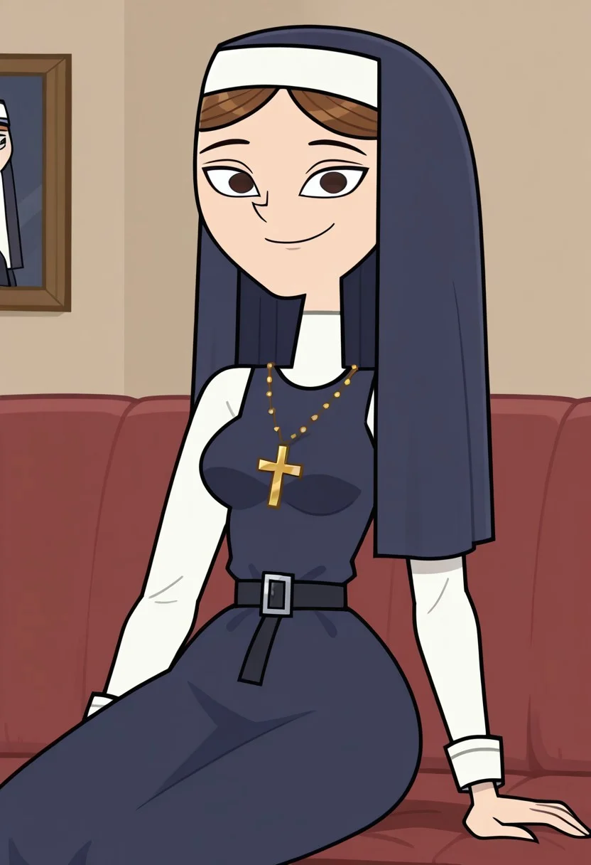 score_9,score_8_up,score_7_up, 1girl, solo, Isabel_DC_IL, fair skin, brown hair, straight hair, dark brown eyes, dark prussian blue nun veil, white nun coif, golden cross necklace, black belt, square buckle, dark prussian blue nun tunic, looking at viewer, indoors, room background, (portrait) tall, sitting on the couch, smile
