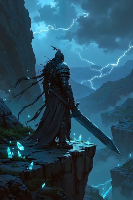 A lone figure in dark, storm-weathered armor stands on the edge of a towering, wind-battered plateau, overlooking a vast, rolling landscape of stone and chasms. Shards of glowing, crystalline plants scatter the landscape below, illuminating the scene with an ethereal light. The winds whip around, carrying faint echoes of distant thunder. The figure grips a massive, ancient blade etched with runes, its surface glinting as if reflecting unseen storms. Lightning arcs in the distance, and shadows dance across the stone beneath their feet, hinting at the unseen forces swirling around them. <lora:Anime v1.3:1.2>