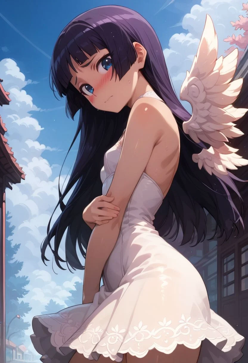 score_9, score_8_up, score_7_up,
1girl, solo, Ruri Gokou, OreImo,
blue eyes, long hair, himecut,
loocking at viewer,
small breasts,
looking down, snatched waist, blush, embarrassed,
shiny skin, oily, sweaty, thick thighs, wide hips,
from side,
White lace dress, long lace skirt,
sakura trees, Japanese street,
Back, short angel wings, little angel wings ,