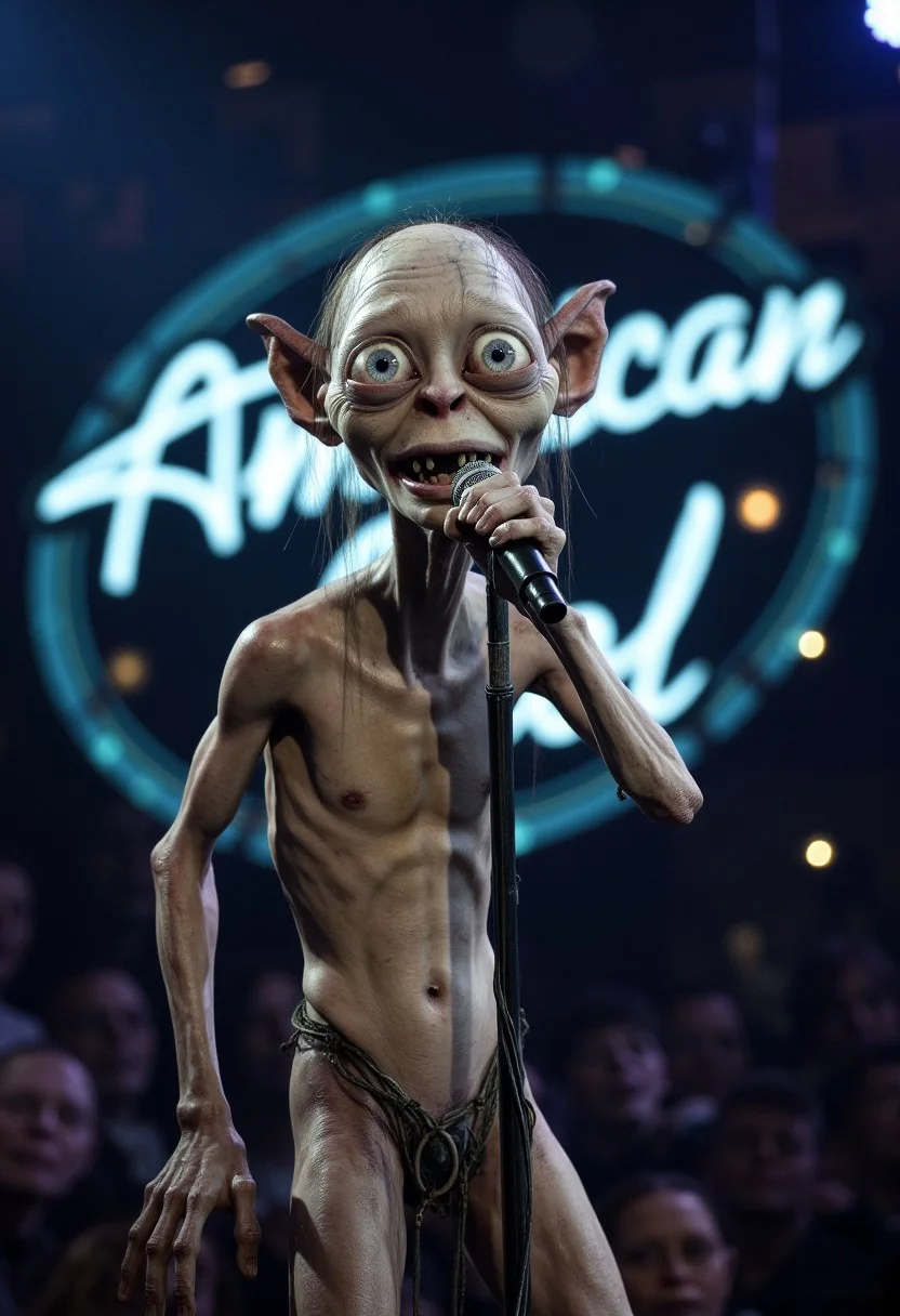 Smeagol stands center stage on "American Idol," clutching the microphone with his bony fingers, his gaunt figure illuminated by the bright stage lights. His large, bulging eyes are wide with nervous excitement as he sings passionately into the mic, his raspy voice filling the auditorium. The stage backdrop glows with the "American Idol" logo, adding to the surreal contrast between the glamorous setting and Smeagol's eerie, twisted presence.