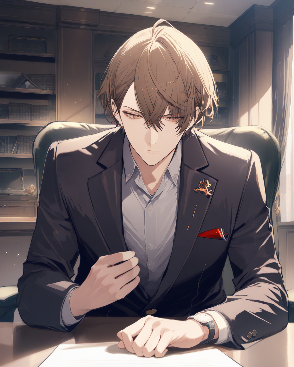 1boy, KagamiHayatoNijisanji, 
safe, male focus, upper body, 
nose,
suit jacket,
collared shirt,
lapel pin, wristwatch,
president's office, swivel chair, table, 
<lora:kp_KagamiHayatoNijisanjiAnimagineXL_v1_1:1.0>,
masterpiece, high score, great score, absurdres
