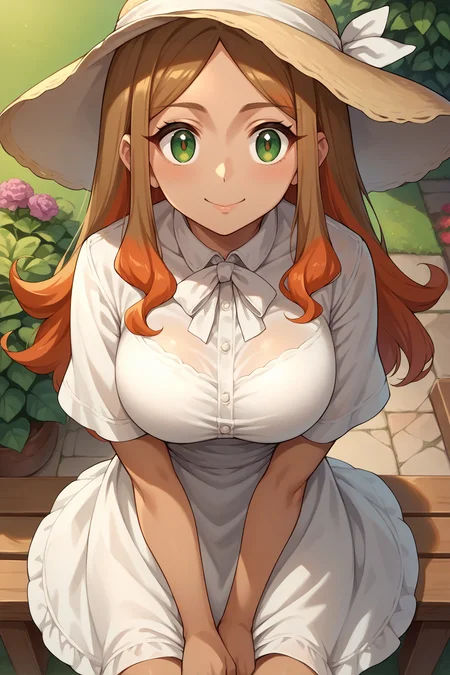 score_9, score_8_up, score_7_up, score_6_up, source_anime, 1girl, solo <lora:pkmnorla-pdxl-nvwls-v1-000005:1> orla, brown hair, orange hair, multicolored hair, long hair, wavy hair, parted bangs, tan, large breasts, green eyes, sun hat, white dress, short sleeves, white ribbon, from above, garden, looking at you, smile