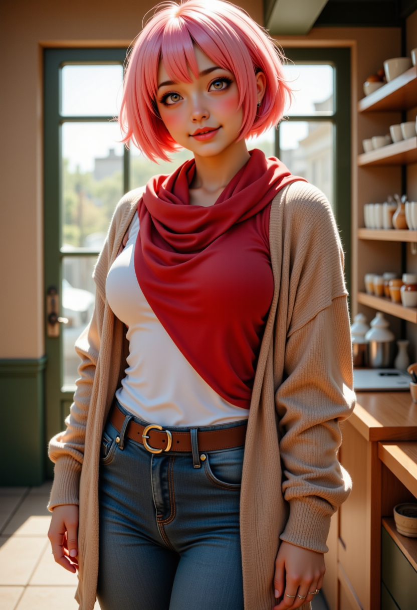 a beautiful woman,from the knees up,Hyperrealistic, she is smiling, dynamic angles, multiple angles, photoshoot poses; A photo of CAIChan, a woman with short pink hair, she has massive breasts, a beautiful girl.she has massive breasts,busty breasts, she has piercing eyes,a red scarf, a beige cardigan sweater, blue jeans and brown boots. She is standing in a ritzy bakery. a dynamic pose and a sense of action. and the lighting is soft, creating a dramatic effect, creating a focused and dynamic pose.; the scene is set in a beautiful well-lit environment, with a sense of action and adventure. Style: realistic hyper-detailed rendering, 32k UHD, expressive eyes, punk, graphic design, girl's face, pretty and cute, gleaming lips, telling a tale of adventure. Exuding confidence and serenity. The overall mood of the image is happy and relaxed, detailed skin texture,(blush:0.2),(goosebumps:0.3), subsurface scattering,with a playful and whimsical tone,perfect hand, hand, detailed hand,niji style,retro50s_style,