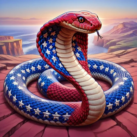 masterpiece, best quality, <lora:NajaCobra_Illustrious:1> Naja, animal focus, no humans, majestic cliff vista, AMERICA pattern, snake, red pattern, blue pattern, white pattern, star pattermâââ