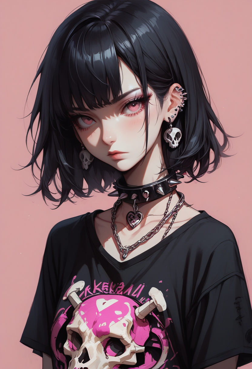 score_9, score_8_up, score_7_up,Goth girl, goth girl 1girl, 1girl,solo,looking at viewer,short hair,bangs,simple background,shirt,black hair,red eyes,jewelry,closed mouth,collarbone,upper body,short sleeves,heart,earrings,choker,medium hair,pink eyes,necklace,collar,black shirt,makeup,chain,piercing,pink background,t-shirt,ear piercing,red background,spikes,skull,print shirt,spiked collar,skull print,spiked choker,
<lora:Goth_girl_XL-v2:0.8>, <lora:Concept Art Twilight Style SDXL_LoRA_Pony Diffusion V6 XL:0.8>, <lora:[GP] somethingweird [Pony XL]:0.2>, <lora:g0th1cPXL:0.3>,