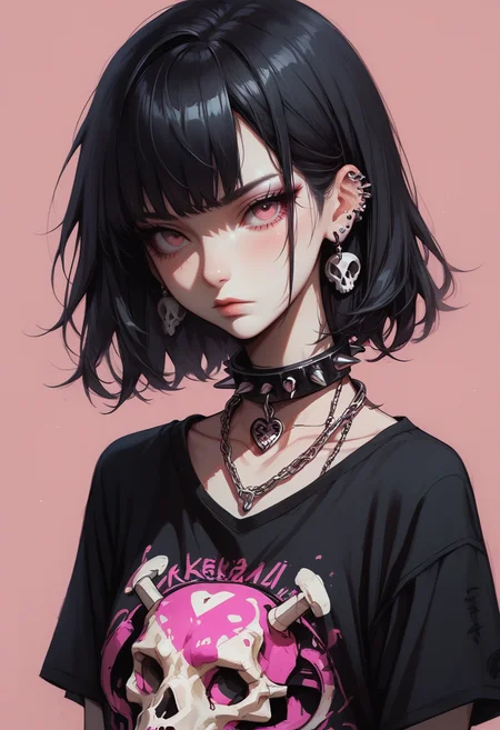 score_9, score_8_up, score_7_up,Goth girl, goth girl 1girl, 1girl,solo,looking at viewer,short hair,bangs,simple background,shirt,black hair,red eyes,jewelry,closed mouth,collarbone,upper body,short sleeves,heart,earrings,choker,medium hair,pink eyes,necklace,collar,black shirt,makeup,chain,piercing,pink background,t-shirt,ear piercing,red background,spikes,skull,print shirt,spiked collar,skull print,spiked choker,
<lora:Goth_girl_XL-v2:0.8>, <lora:Concept Art Twilight Style SDXL_LoRA_Pony Diffusion V6 XL:0.8>, <lora:[GP] somethingweird [Pony XL]:0.2>, <lora:g0th1cPXL:0.3>,