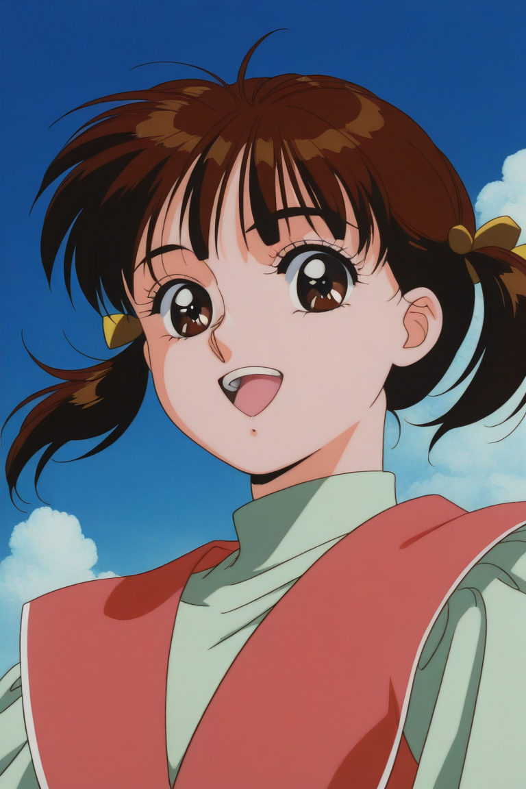 masterpiece, best quality, source_anime,official art,perfect_anatomy,1990s_\(style\),retro_artstyle, miho_shinohara,1girl,short twintails,brown hair,brown eyes,pink dress,(beautiful detailed face,looking_at_viewer,smile,open mouth),upper body,day,blue_sky,cloud