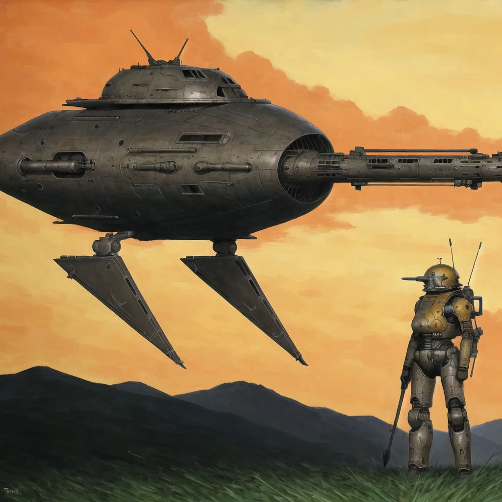 <lora:arielp:1.0>,
(arielpstyle:1.0), dark, horror, creepy, creepy-looking, painting, lovecraftian, grease, painting \(medium\), brush stroke,
painting of three people standing in front of a spaceship with a giant bird on it's back, desert, weapon, military vehicle, realistic, military, gun, grass, ground vehicle, tank, motor vehicle, science fiction, dust, mecha, axe, yellow sky, outdoors, helmet