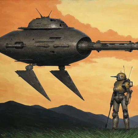 <lora:arielp:1.0>,
(arielpstyle:1.0), dark, horror, creepy, creepy-looking, painting, lovecraftian, grease, painting \(medium\), brush stroke,
painting of three people standing in front of a spaceship with a giant bird on it's back, desert, weapon, military vehicle, realistic, military, gun, grass, ground vehicle, tank, motor vehicle, science fiction, dust, mecha, axe, yellow sky, outdoors, helmet