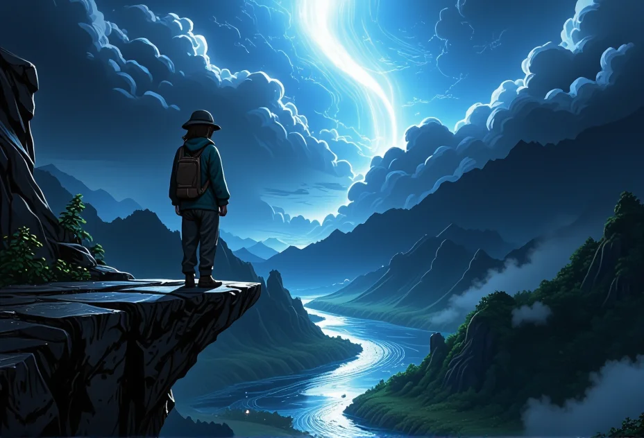 An awe-inspiring a figure standing on a cliff edge. The scene showcases sun rays breaking through misty clouds, with a winding river in the background. The lighting casts cool, mysterious shadows, enhancing the surreal beauty of the landscape. The figure is dressed in vintage travel gear, adding a sense of wonder. Small details, like waves gently lapping at the shore, bring an extra layer of magic and realism to the scene.}bv-stuanilan<lora:bv-stunning-anime-landscape-v1.safetensors:1.0:1.0>