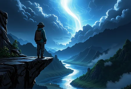 An awe-inspiring a figure standing on a cliff edge. The scene showcases sun rays breaking through misty clouds, with a winding river in the background. The lighting casts cool, mysterious shadows, enhancing the surreal beauty of the landscape. The figure is dressed in vintage travel gear, adding a sense of wonder. Small details, like waves gently lapping at the shore, bring an extra layer of magic and realism to the scene.}bv-stuanilan<lora:bv-stunning-anime-landscape-v1.safetensors:1.0:1.0>
