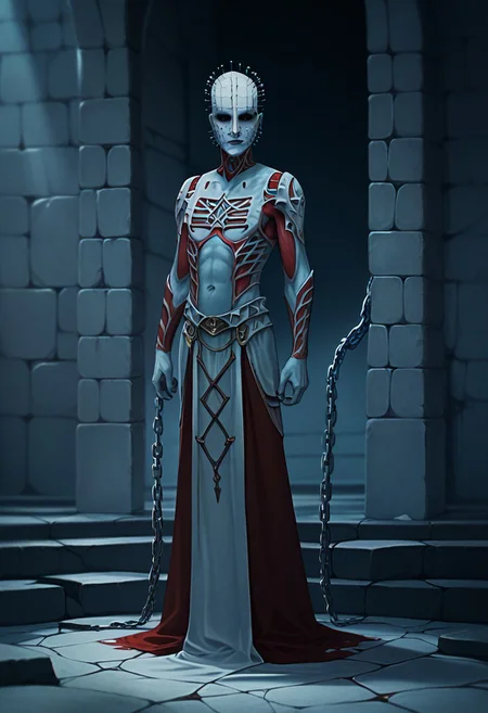 score_9, score_8_up, score_7_up BREAK hellprst, white red body, white skin with red details, black eyes, head covered in pins, full body, blue black stone background, chains towards viewer, dark atmosphere,
