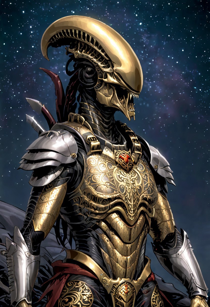 An insanely Detailed Divine Xenomorph, Golden and silver in color, cyberpunk, a crimson tinge to the golden color, Hyperdetailed, Omnipresent, Beautiful, Sinister overtones, otherworldly,((masterpiece, best quality)), fantasy, solo, 1 alien knight, silver armor chestplate with silver medieval ornaments and runes, galactic night sky background, perfect composition, sidelighting, outdoor,