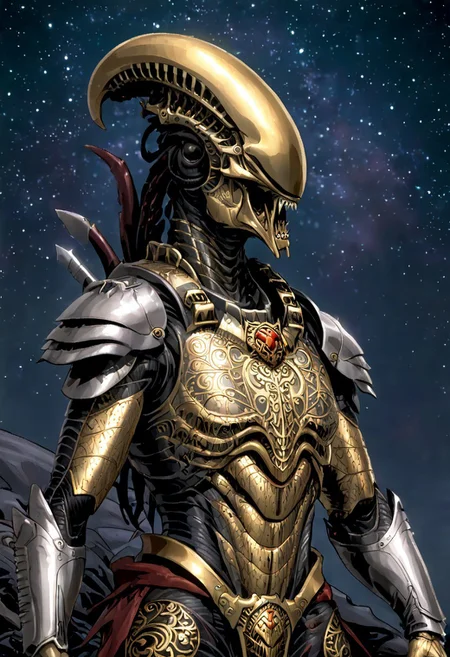 An insanely Detailed Divine Xenomorph, Golden and silver in color, cyberpunk, a crimson tinge to the golden color, Hyperdetailed, Omnipresent, Beautiful, Sinister overtones, otherworldly,((masterpiece, best quality)), fantasy, solo, 1 alien knight, silver armor chestplate with silver medieval ornaments and runes, galactic night sky background, perfect composition, sidelighting, outdoor,