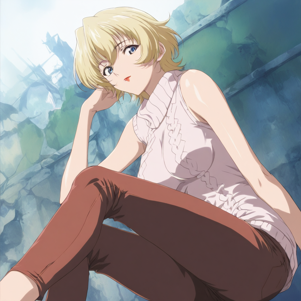 masterpiece,1girl,solo,looking at viewer,turtleneck,sleeveless,sweater,pants,<lora:Youuka_Konishi ag4o v1:1> youuka_konishi, blonde hair, short hair, blue eyes, lipstick,