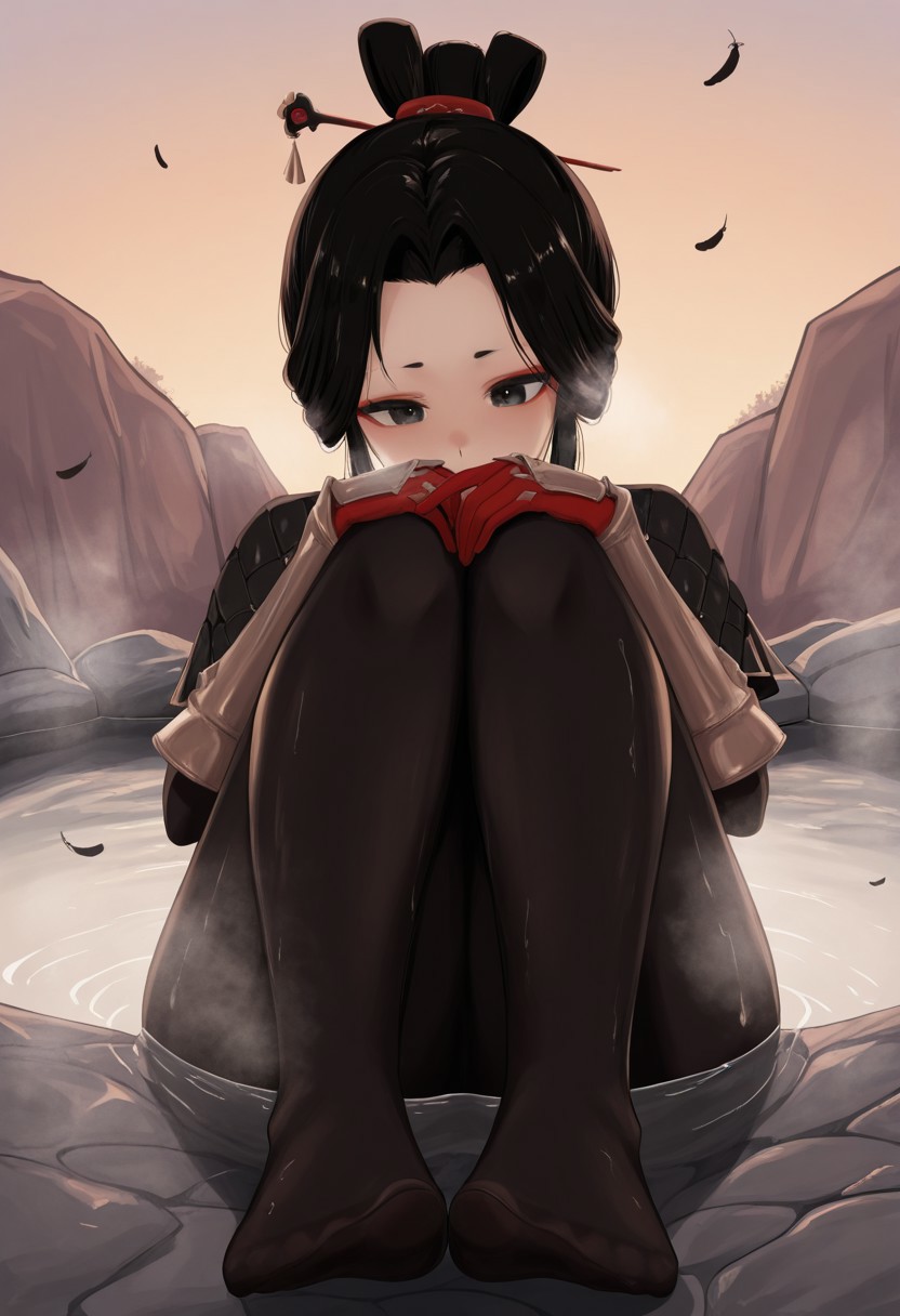 rhel,  outdoors, undershirt, falling feathers, black bodysuit, hair stick, hugging knees, knees to chest, gauntlets, eyeshadow, red gloves, two sides up, black capelet, red hairband, black eyes, 1girl, solo, feet, visible breath, dynamic angle, foreshortening, smell, steam, onsen, water