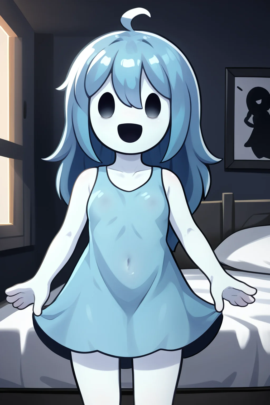 score_9, score_8_up, nsfw, score_7_up, <lora:Spooky:0.9>  spooky (sjm), ghost girl, solid oval eyes, smile, transparent, colored skin, long blue hair, small breasts, blue dress, solo, Standing, standing, realization, open mouth, suprise, bedroom, bed, dim,,