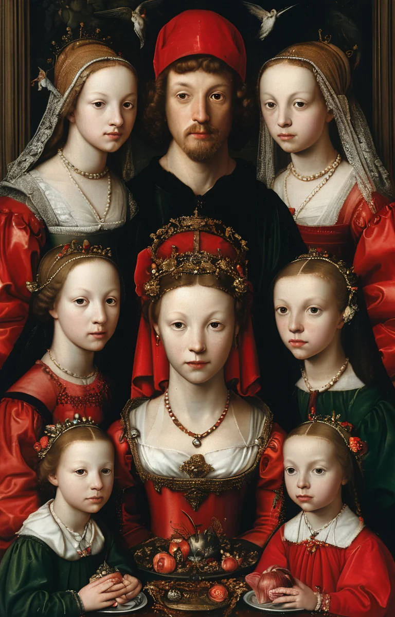 masterpiece,best quality,<lora:tbh185-sdxl:0.8>,illustration,style of ambrosius benson, portrait of family